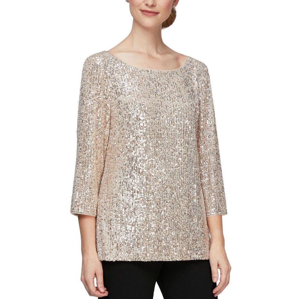 Alex Evenings Women's 3/4-Sleeve Sequin Tunic Blouse With Side Slit Taupe B4HP
